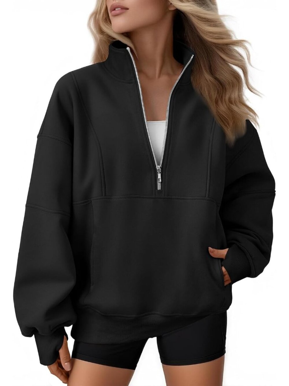 〽️Women's Black Quarter Zip Oversized Fleece Mock Neck Pullover Hoodie Jacket